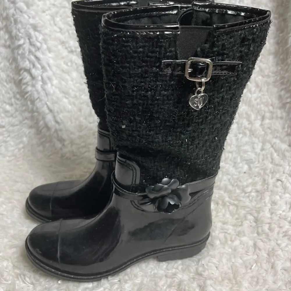 Stuart Weitzman girl Waltz Black mid calf  rain boots glitter accent size 3